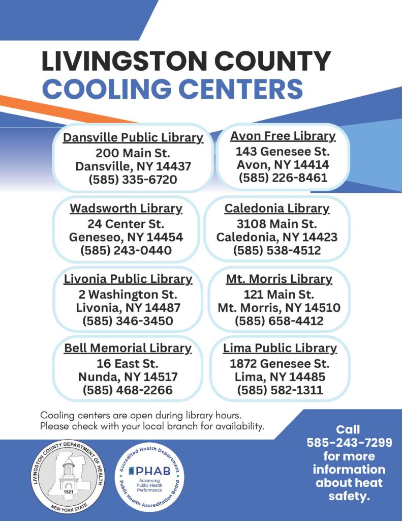 All Livingston county libraries will operate as cooling centers. Caledonia library is open till 5pm on Tuesday.